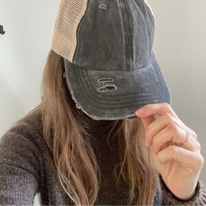 CC Canvas‎ Cotton Distressed Brim Strap Hat Mesh Ponytail Holder Baseball Cap OS
